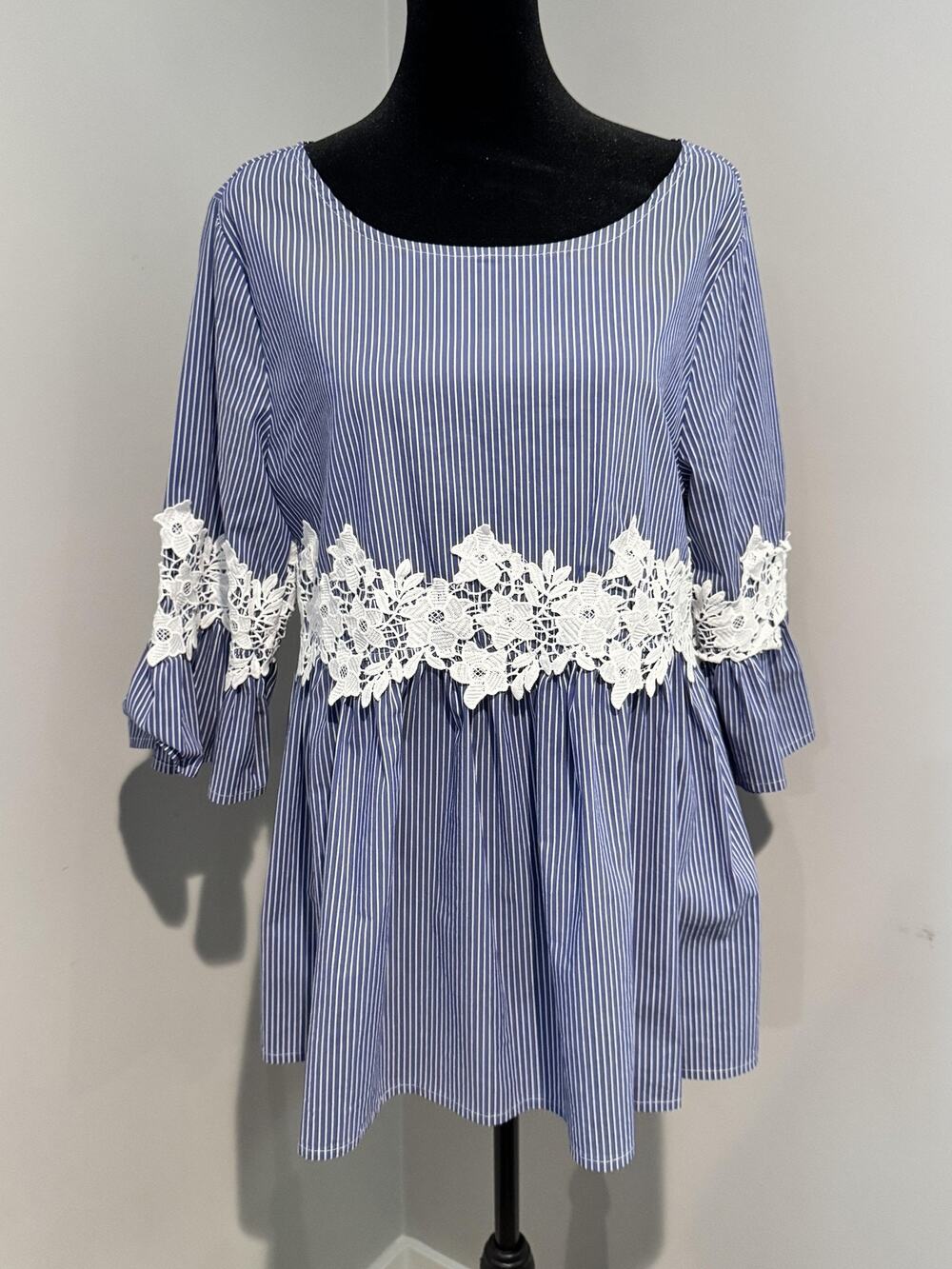Jodifl Tunic Blouse Womens Large Blue Striped Crochet Lace Bell Sleeve Boho